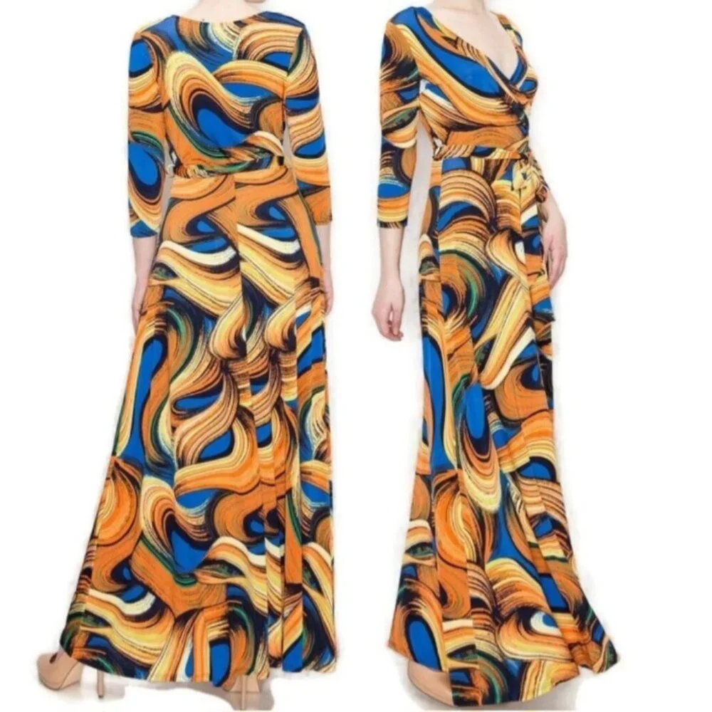 Janette Fashion Sunsets and Waves Faux Wrap 3/4 Sleeve Long Maxi Dress - Picture 1 of 4